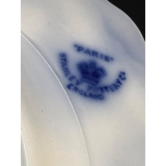 2 Antique Stanley Pottery Flow Blue Paris 9" Plates + Plate hangers New Wharf - Picture 9 of 16